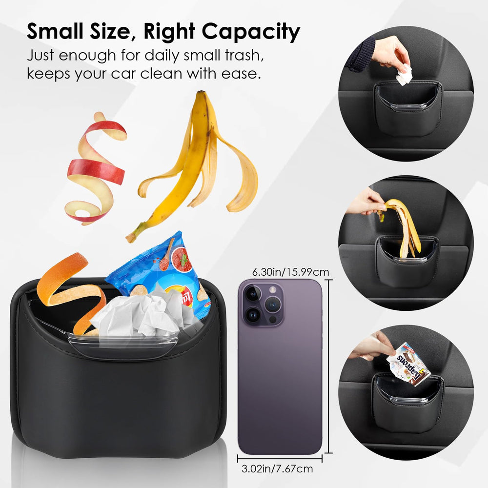Black PU leather finish on PIFOOG trash can blends with car decor