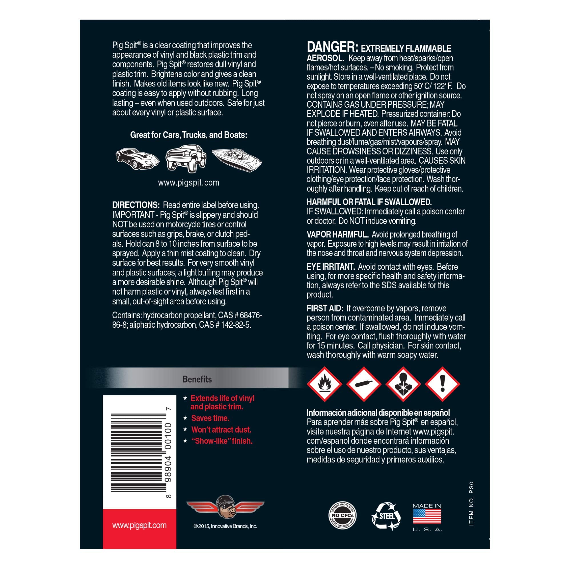 Pig Spit Original application swatch highlights restoration of dull vinyl and black trim.