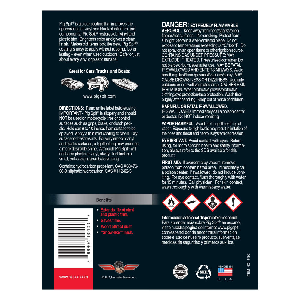 Pig Spit Original application swatch highlights restoration of dull vinyl and black trim.