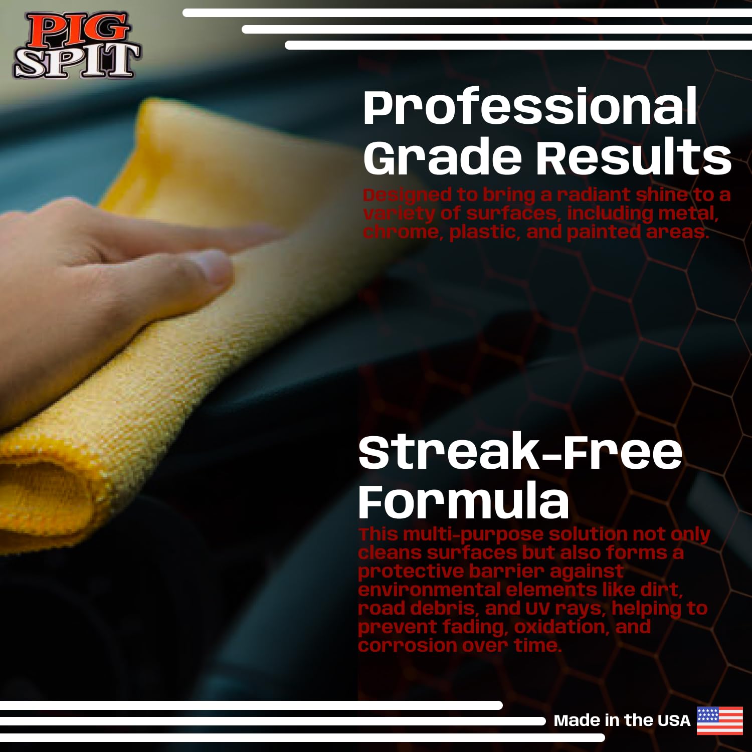 Pig Spit Original protective shine on tires boosts color and protection.