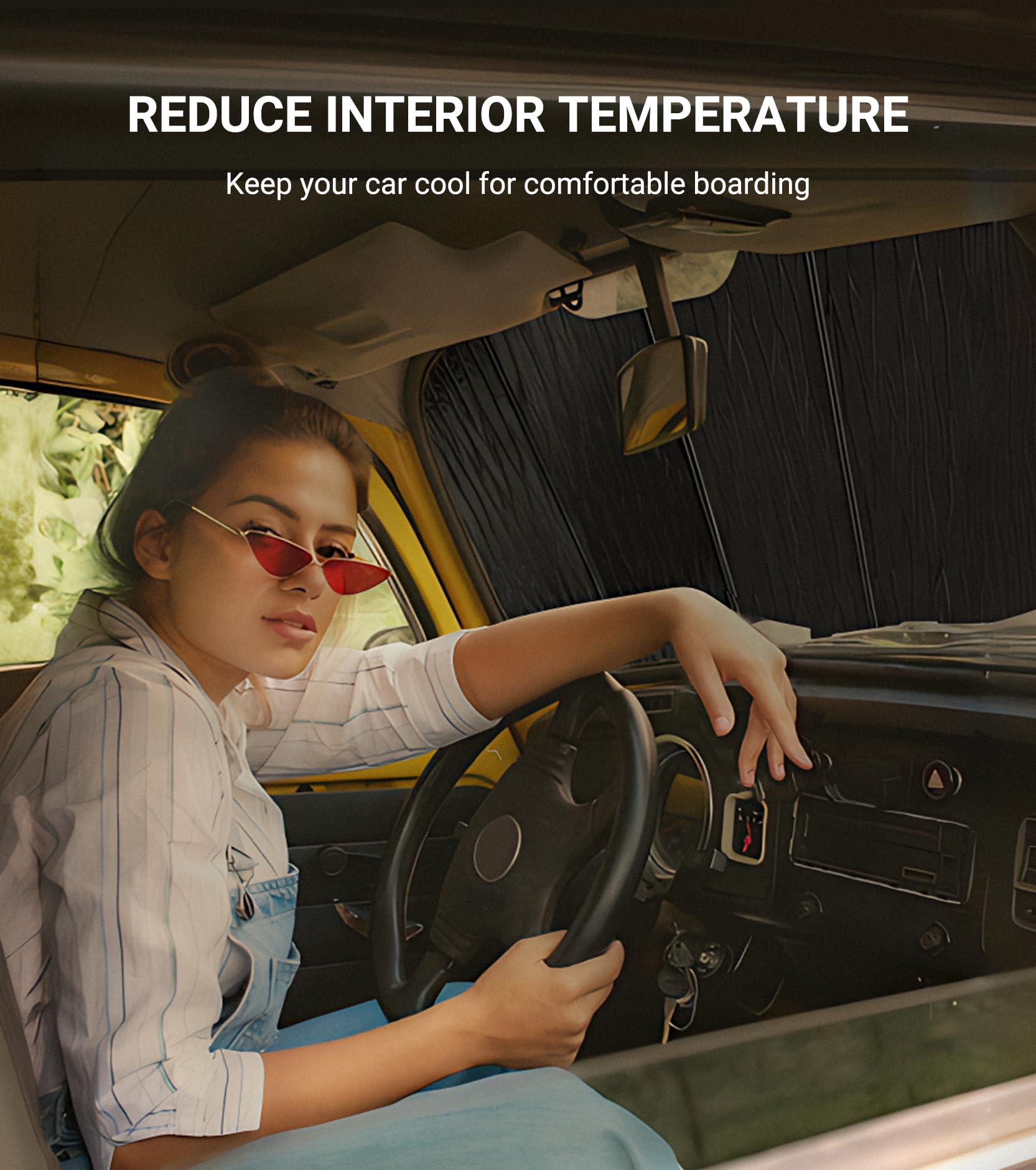 Pigenius windshield sunshade folds with storage bag for quick setup and transport.