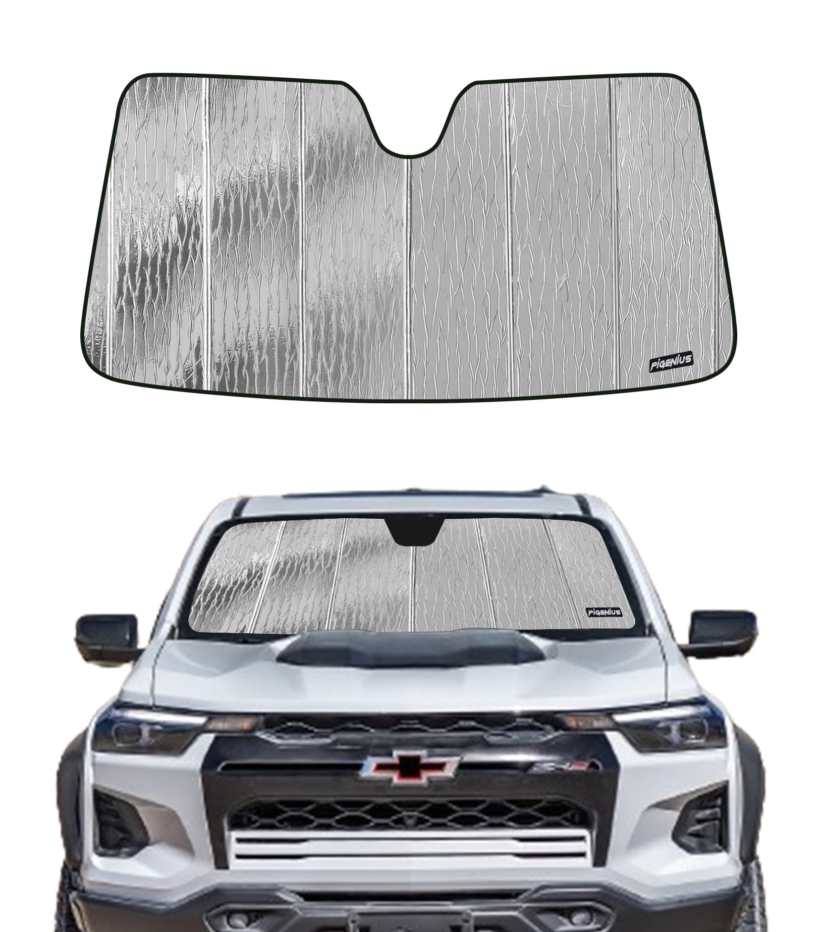 Pigenius windshield sunshade, front-accordion design, keeps the interior cool and secure.