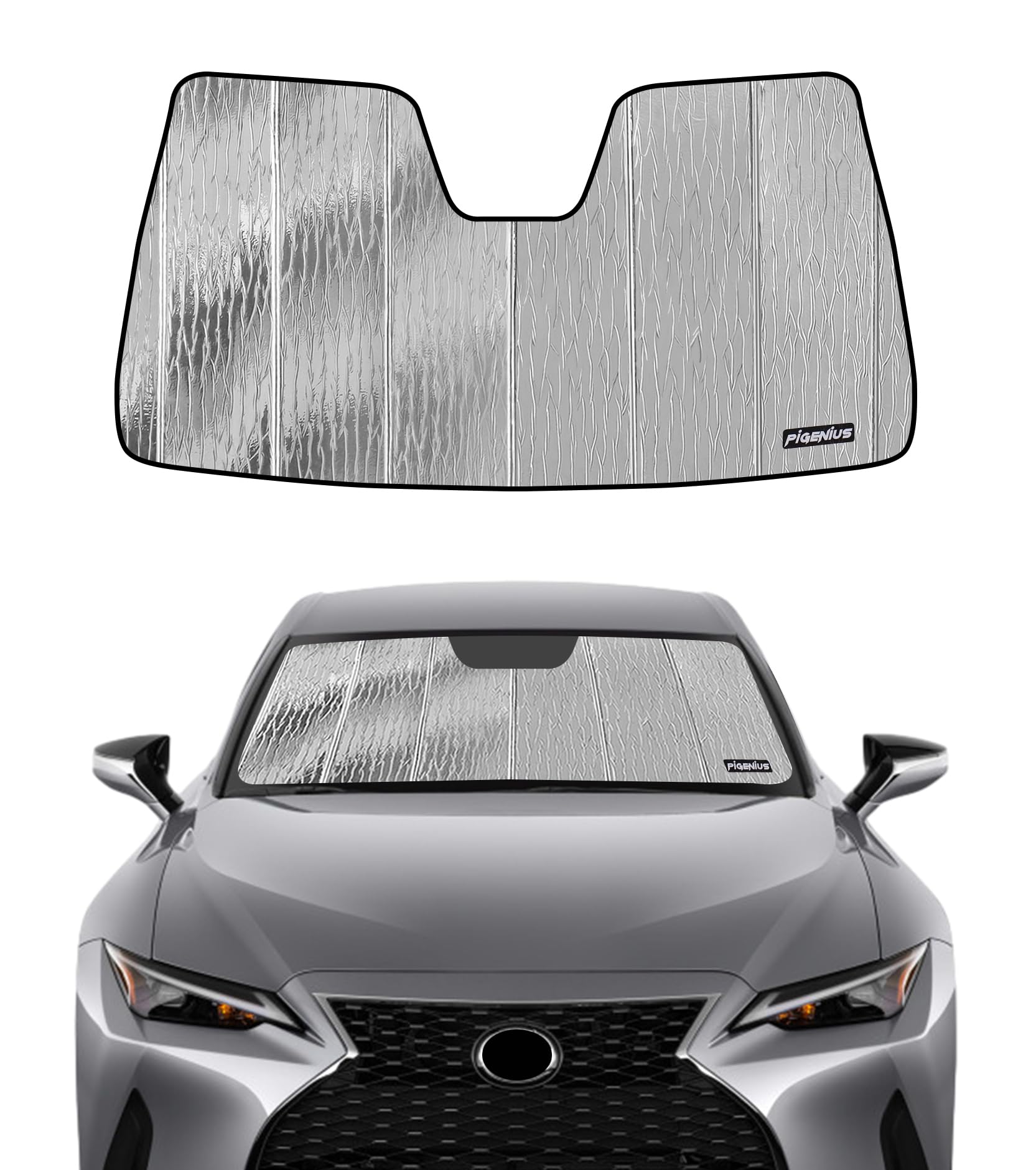 Pigenius windshield sunshade for Lexus IS300 blocks heat and protects dashboard.