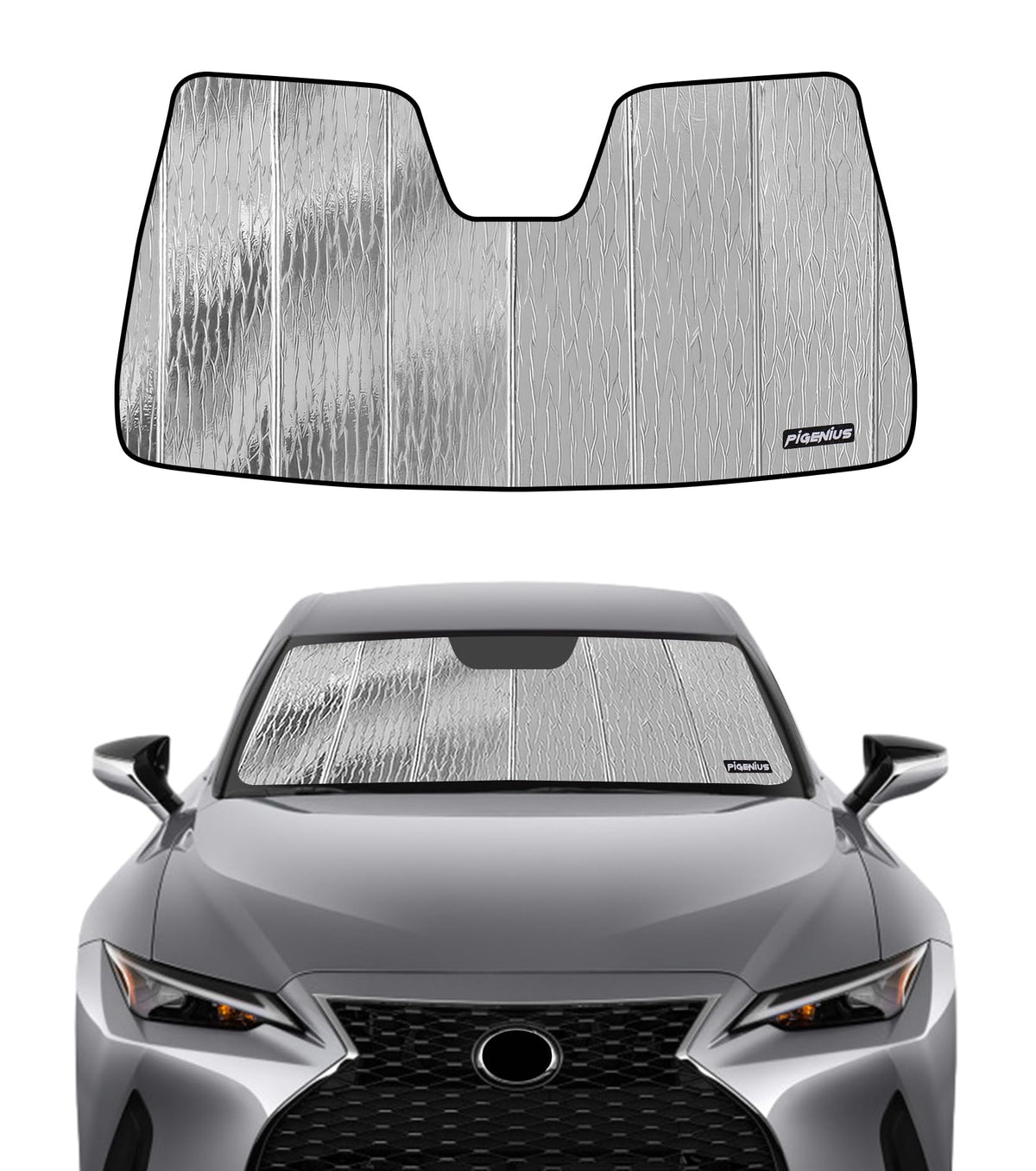 Pigenius windshield sunshade for Lexus IS300 blocks heat and protects dashboard.