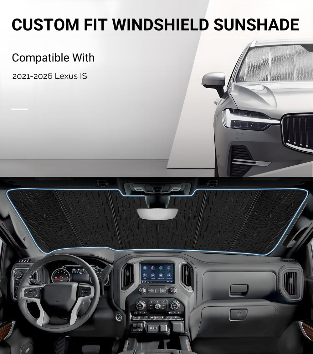 Pigenius windshield sunshade for Lexus IS350 blocks heat and shields interior surfaces.