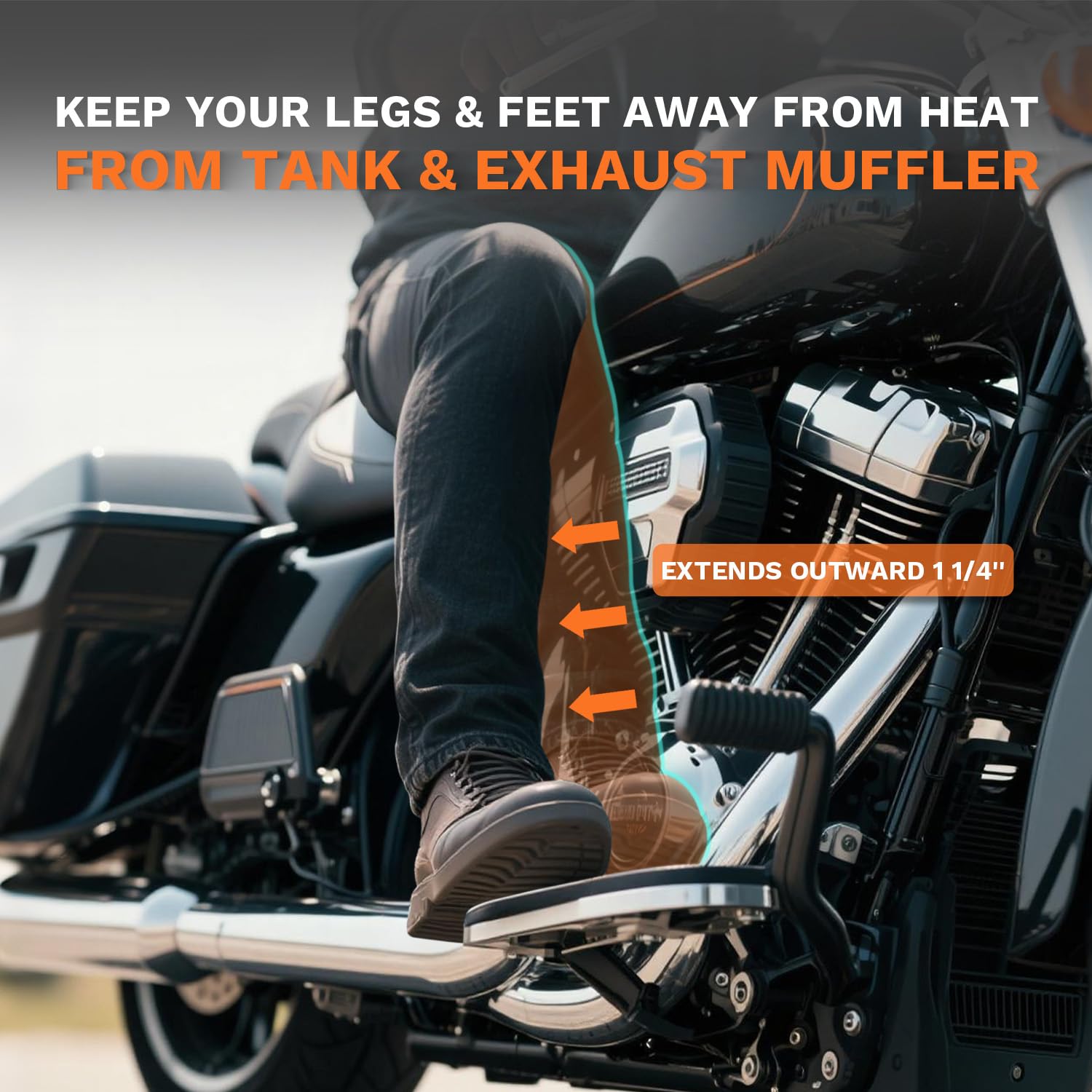 PIKPOP driver floorboard extension on Harley Road Glide provides extra reach for relaxed riding.