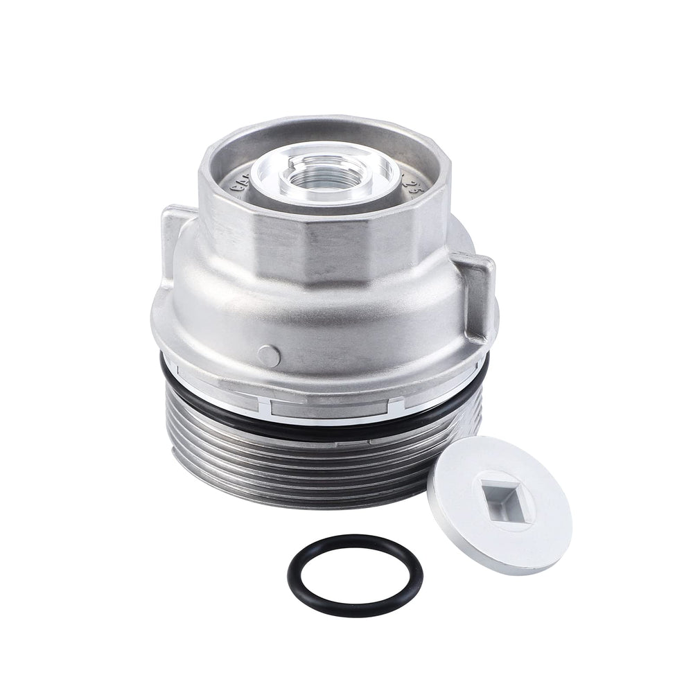Pilida oil filter housing cap assembly in aluminum finish for Toyota compatibility and durability.