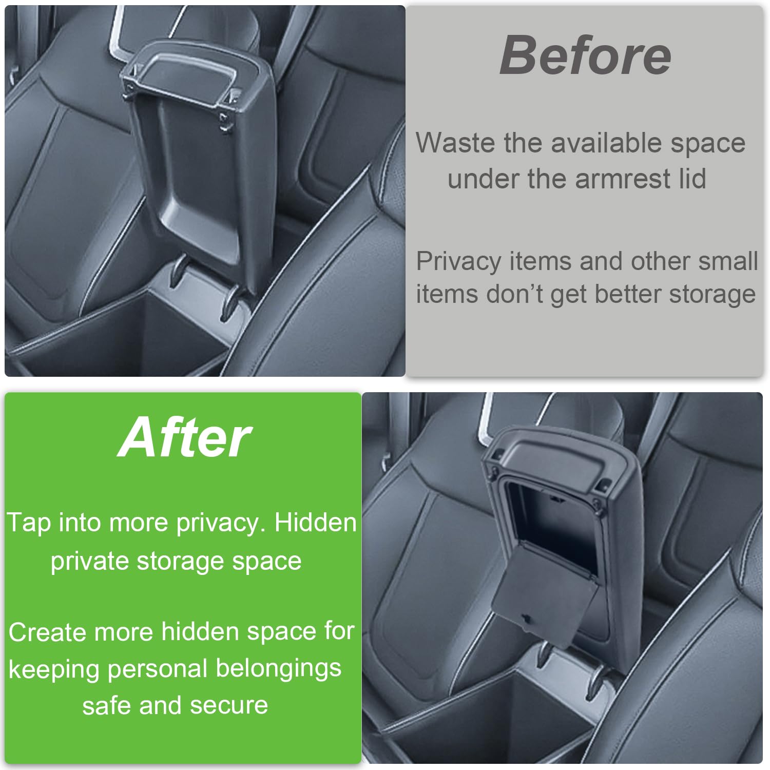 PIMCAR armrest hidden-box fitment, seamless integration without hindering lid closure.