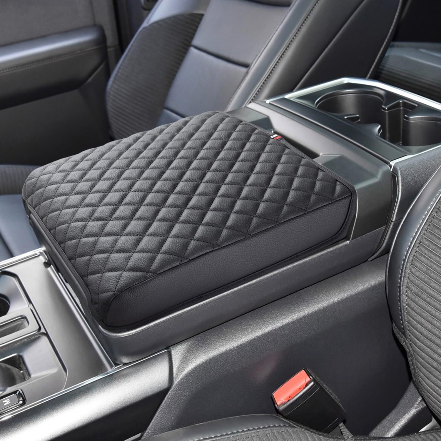 PIMCAR center console cover in work surface close-up protecting the F-150 surface from scratches