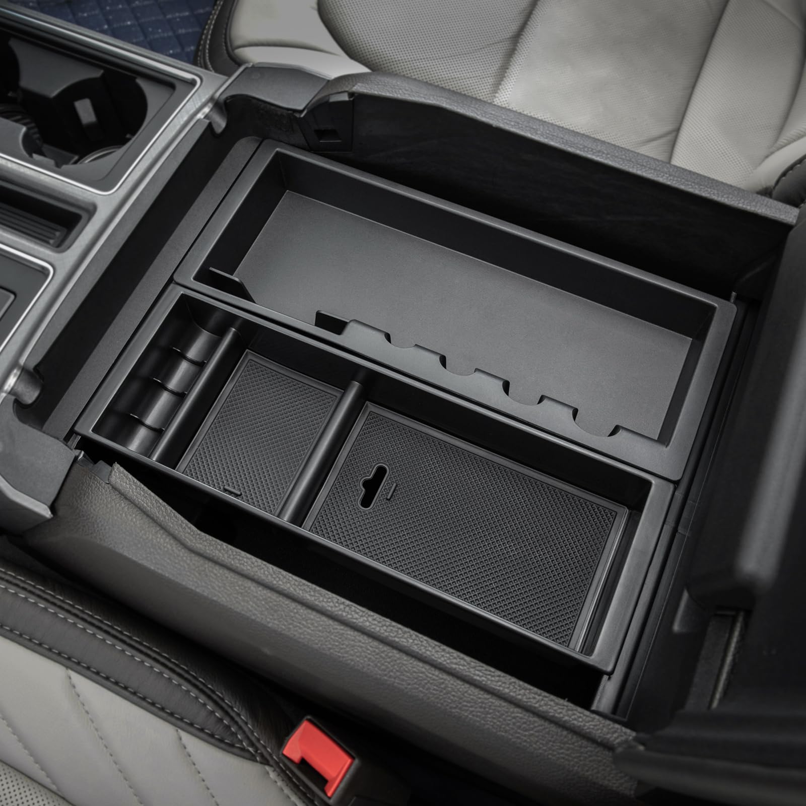 PIMCAR center console organizer for Ford F-150 keeps keys and phone within easy reach.