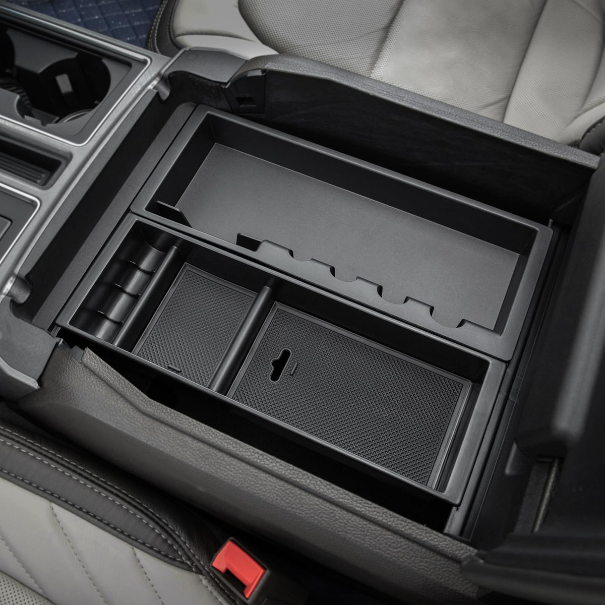 PIMCAR center console organizer for Ford F-150 keeps keys and phone within easy reach.