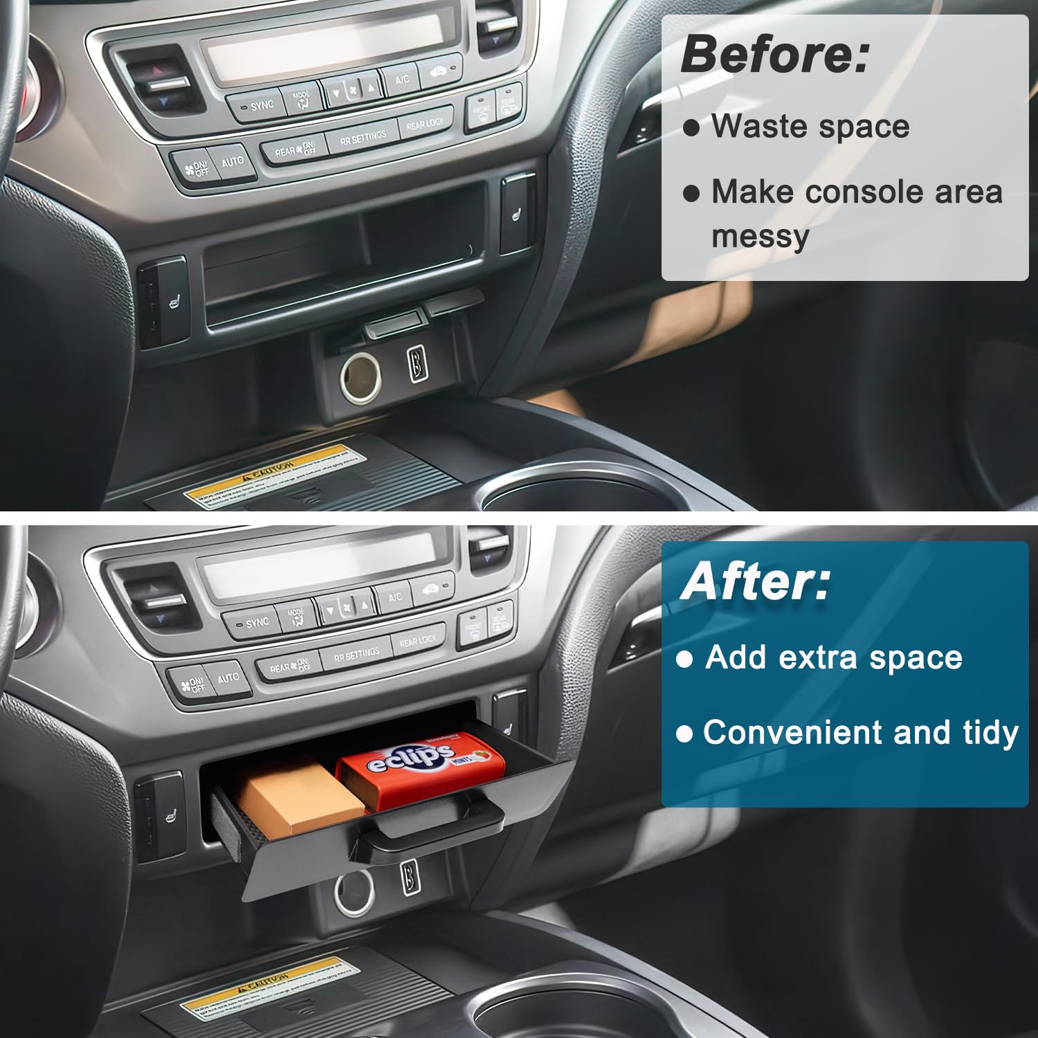 PIMCAR center console organizer for Ridgeline keeps essentials within easy reach.