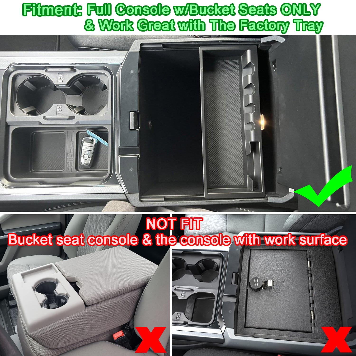PIMCAR console tray insert close-up showing ABS durability and matte finish for Ford Super Duty bucket seats.