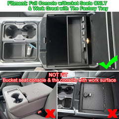 PIMCAR console tray insert close-up showing ABS durability and matte finish for Ford Super Duty bucket seats.
