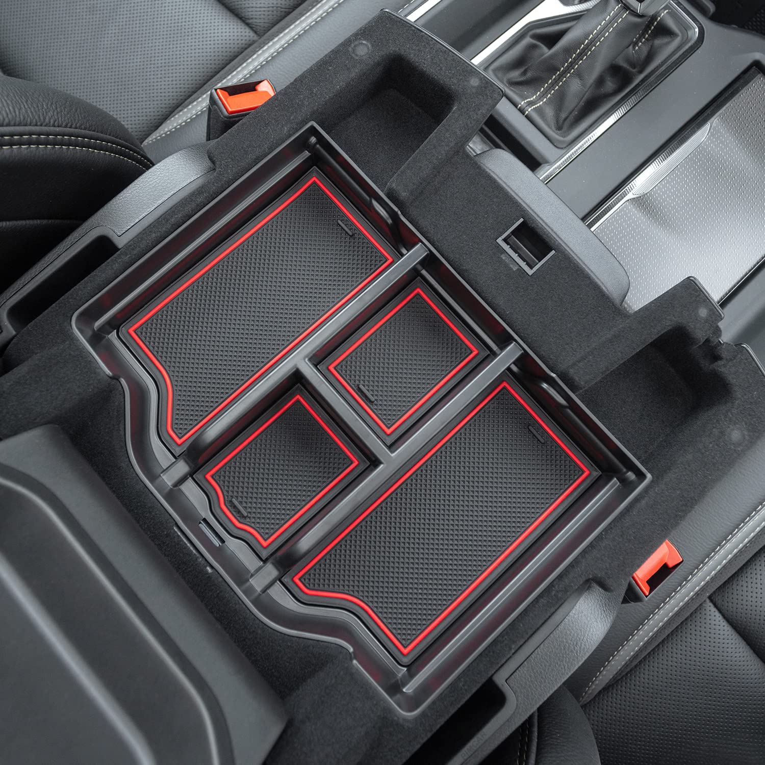 PIMCAR center console organizer for Dodge RAM with red trim keeps items neatly organized