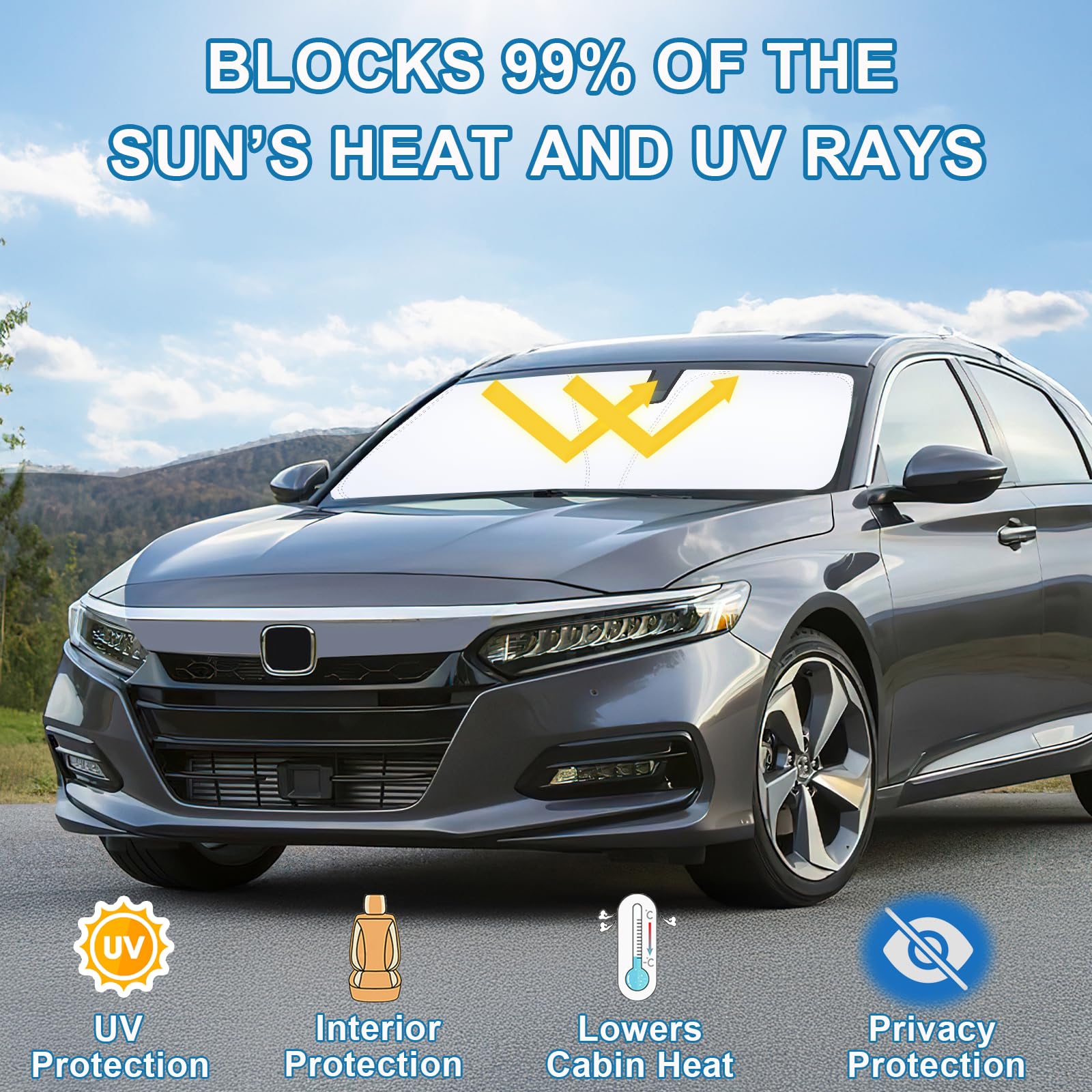 PIMCAR foldable sunshade folds compactly and stores in included pouch.