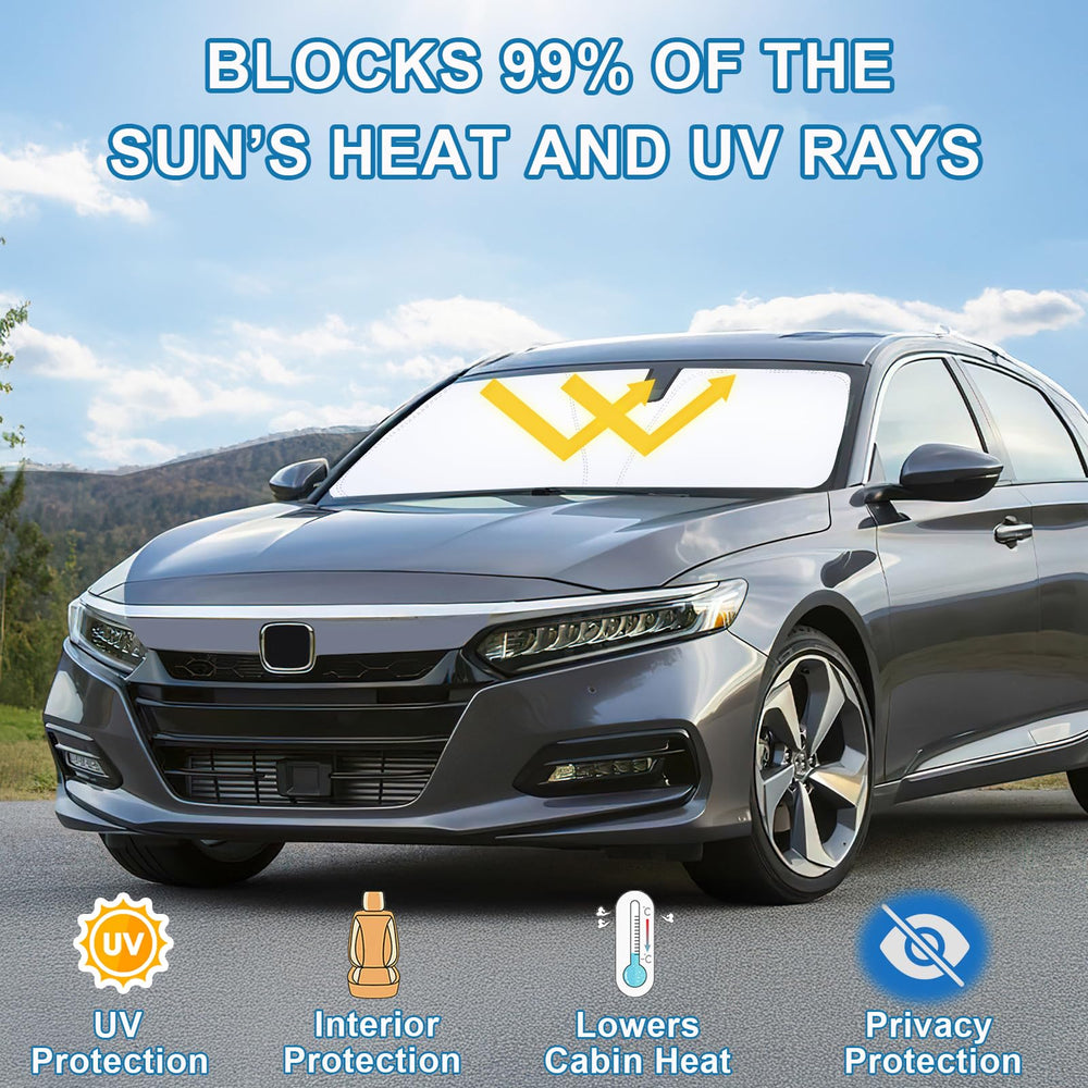 PIMCAR foldable sunshade folds compactly and stores in included pouch.