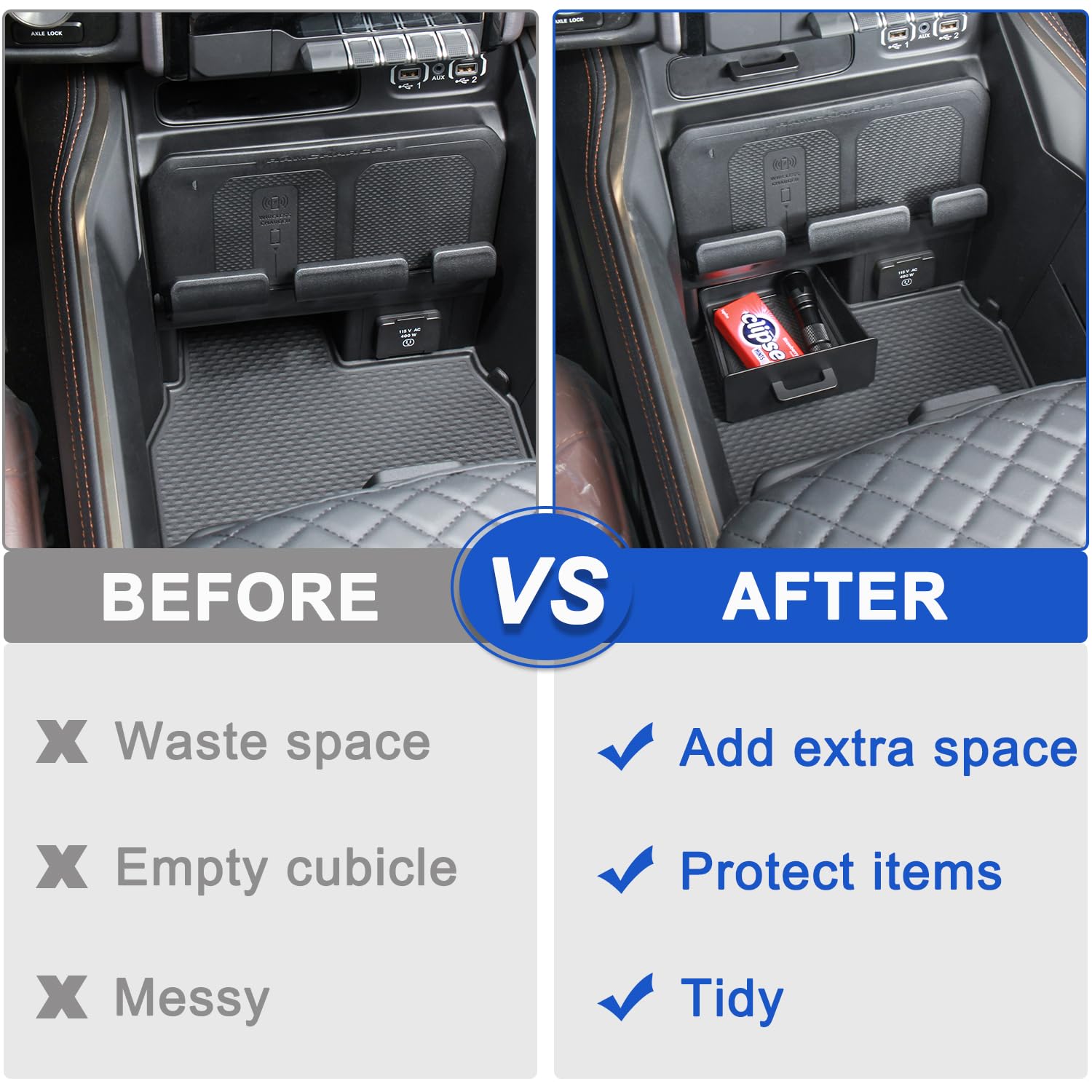 PIMCAR hidden storage tray in cubby stores cables and coins securely.