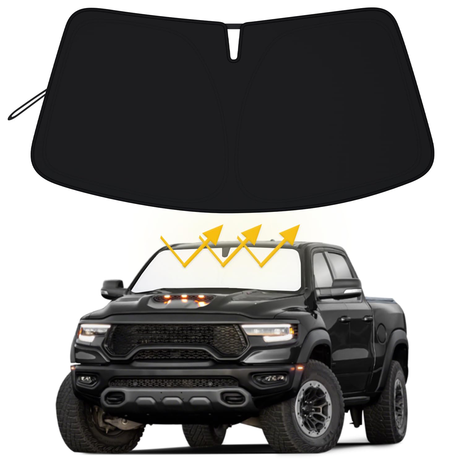 PIMCAR sunshade on a Dodge RAM 1500 front windshield protecting from UV rays