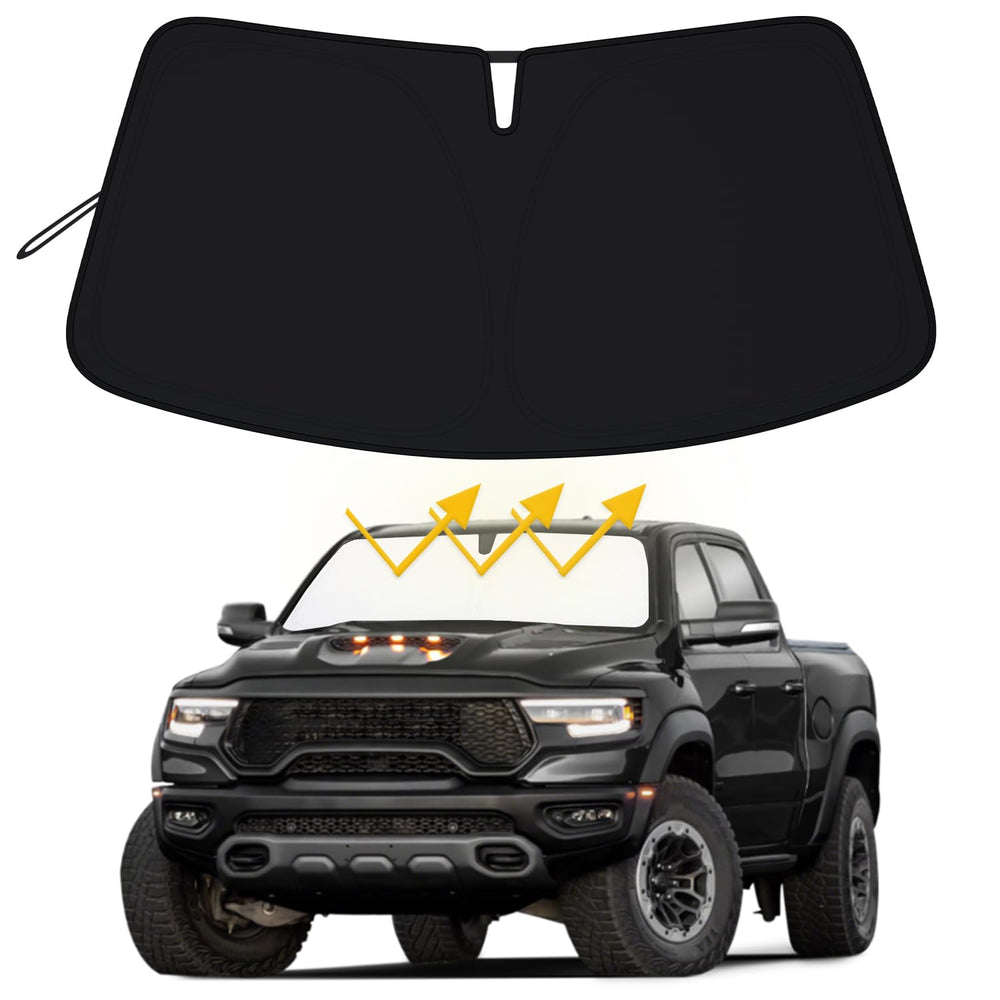 PIMCAR sunshade on a Dodge RAM 1500 front windshield protecting from UV rays