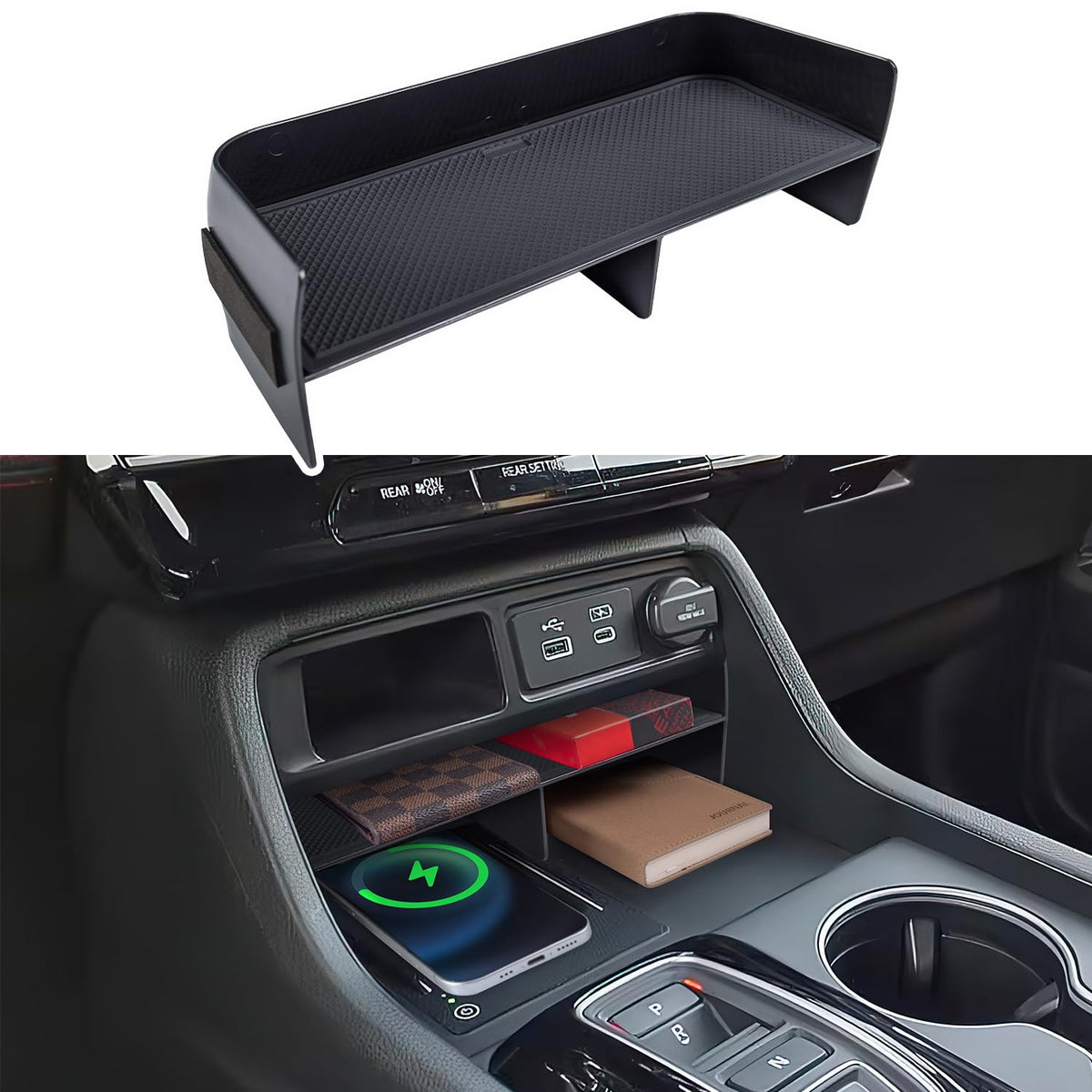 PIMCAR center console organizer tray insert keeps essentials within easy reach.