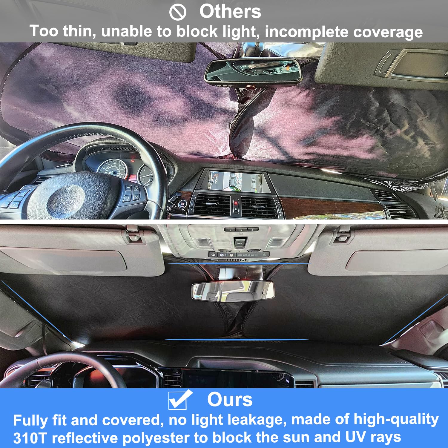 PIMCAR windshield shade for Chevy Silverado 2500HD/3500HD front view reduces interior heat.