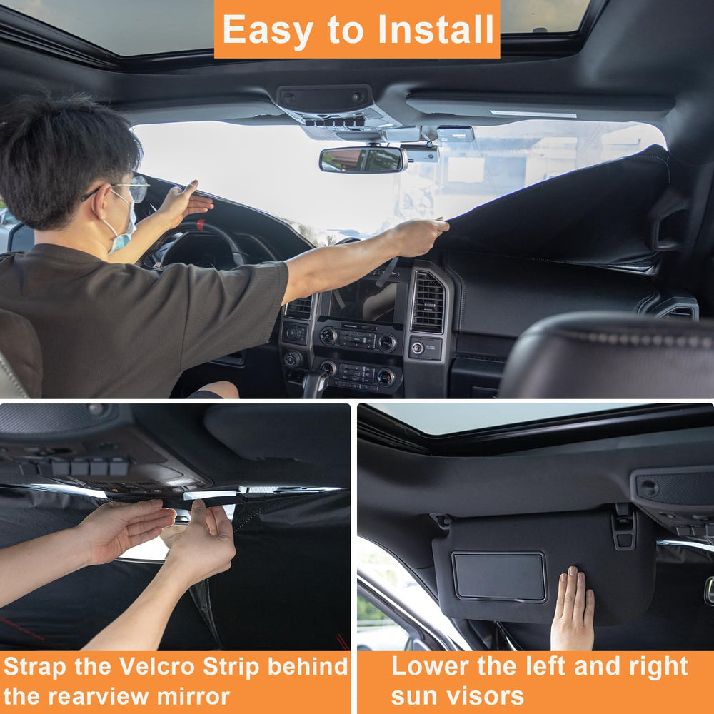 PIMCAR built-in elastic support keeps shade taut against the windshield.