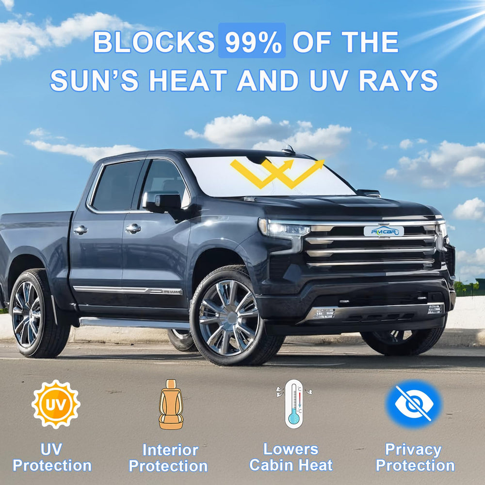 PIMCAR windshield shade protects interior dash and seats from sun exposure.