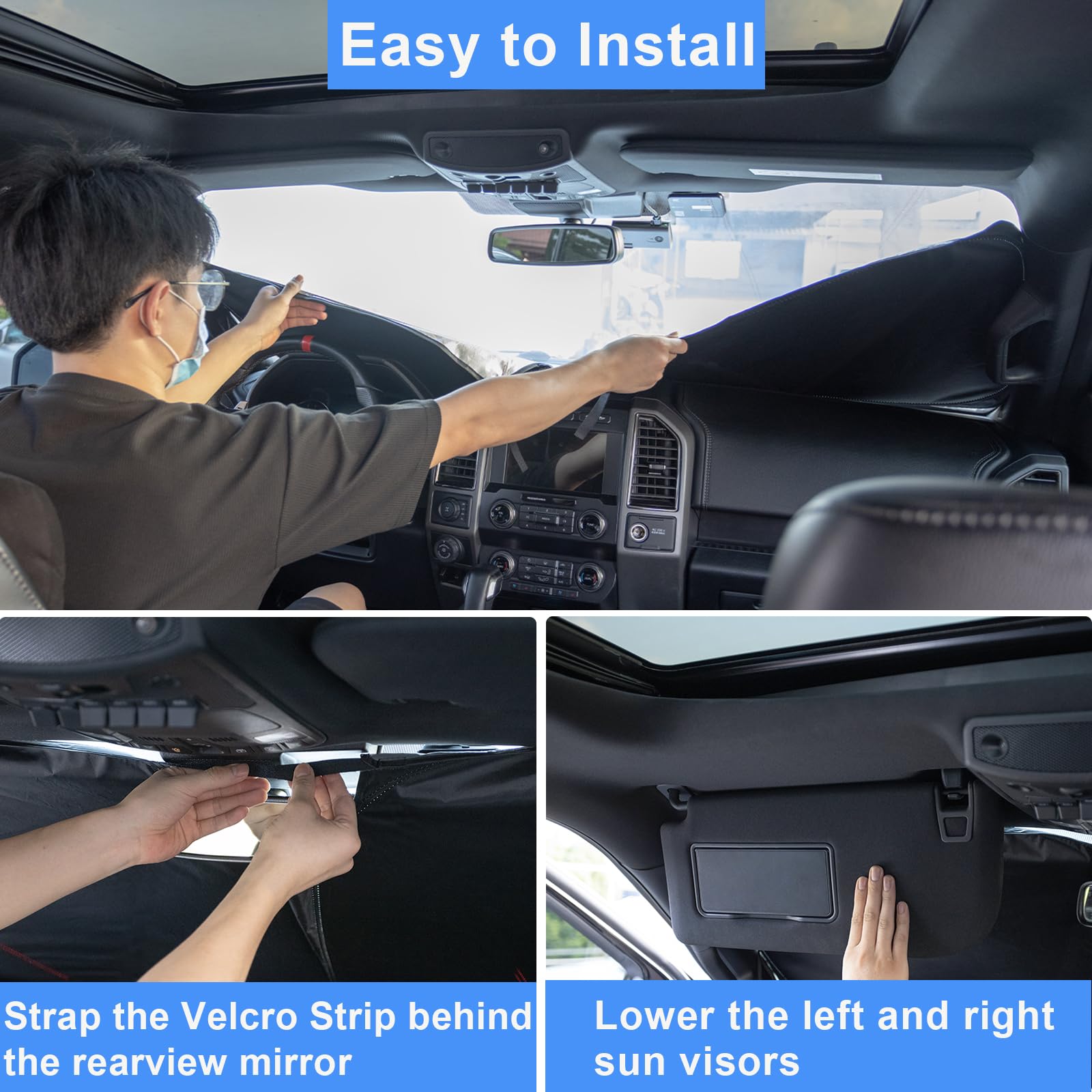 PIMCAR windshield shade quick-pop-open design saves setup time.