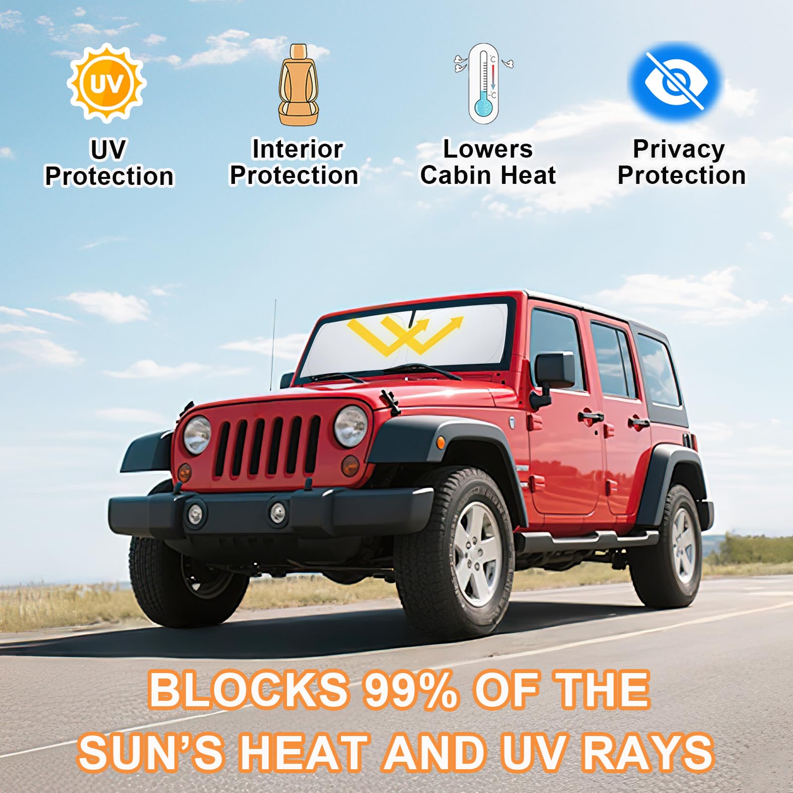 PIMCAR UV protection windshield shade blocks 99% UV rays for dashboard protection.