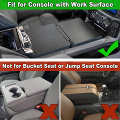 PIMCAR work surface console cover installation on Ford F-150 showing tool-free setup