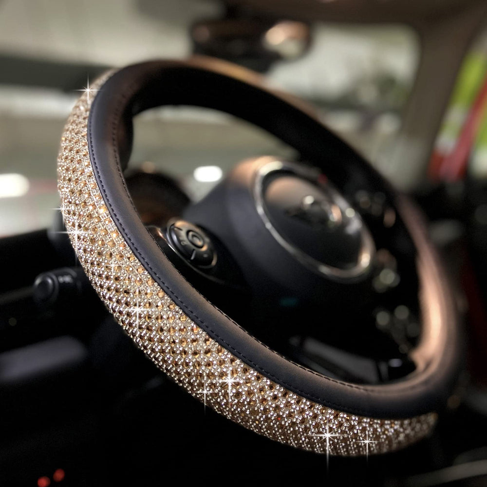 Pinctrot Bling Bling steering wheel cover in gold with sparkling rhinestones for a stylish grip