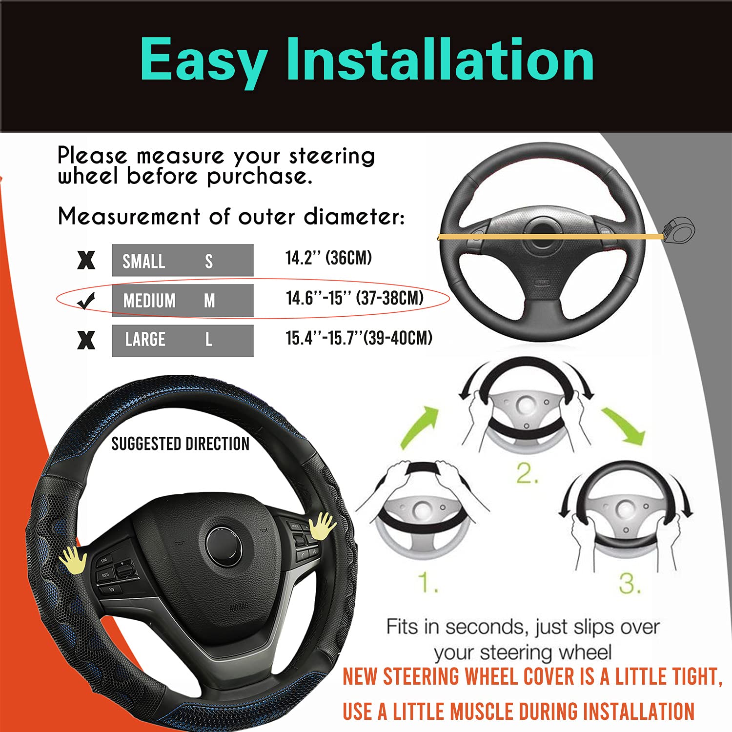 PINCTROT steering wheel cover fits 14.5–15 inch wheels securely on most vehicles.