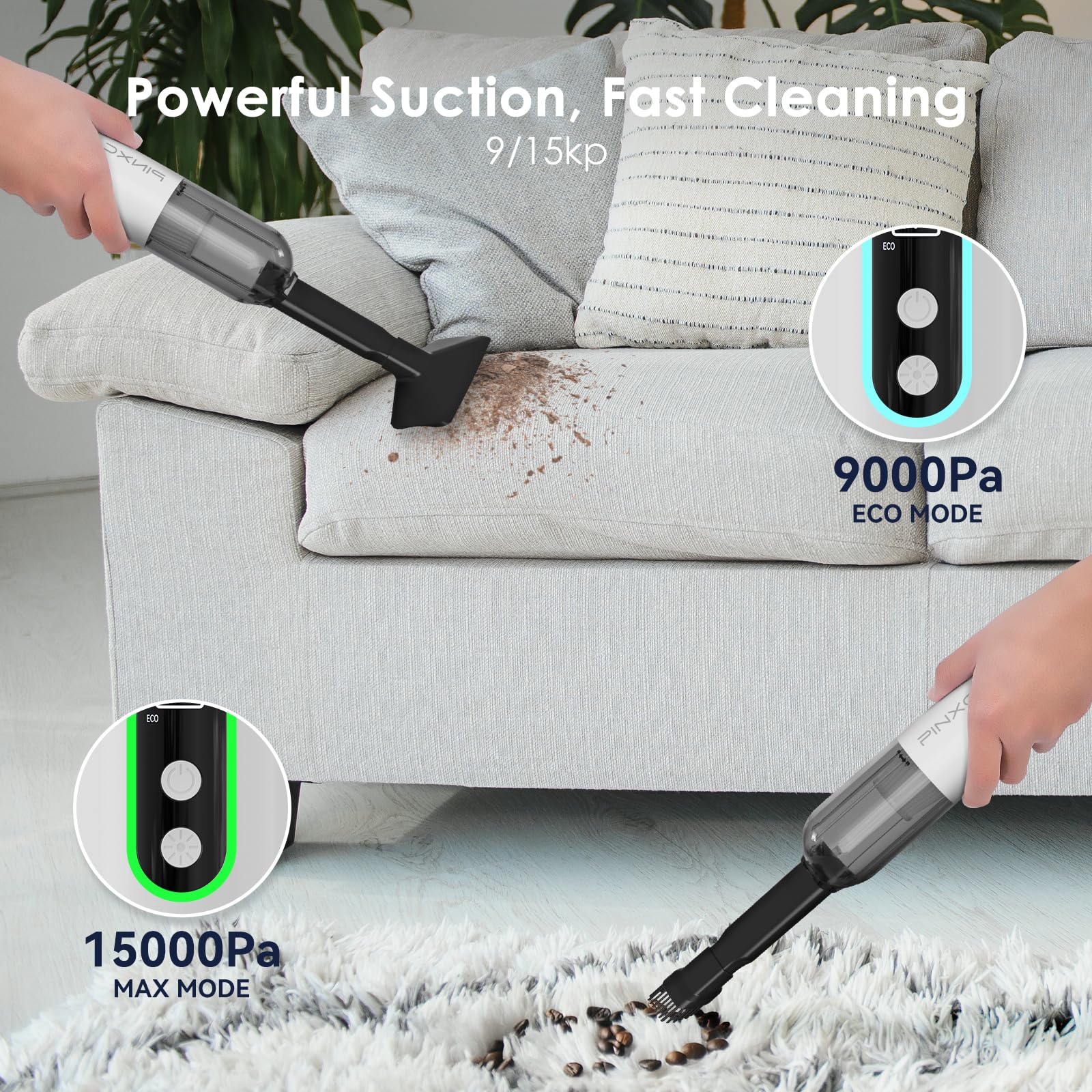 PINXC mini vacuum cleaner cleans car interiors on the go.