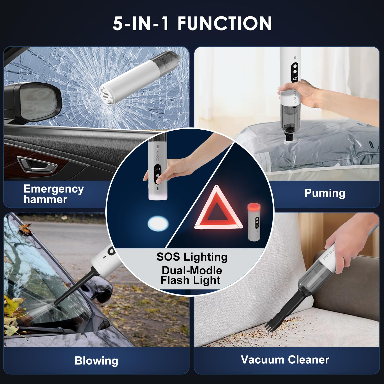 PINXC mini vacuum cleaner LED display shows battery level.