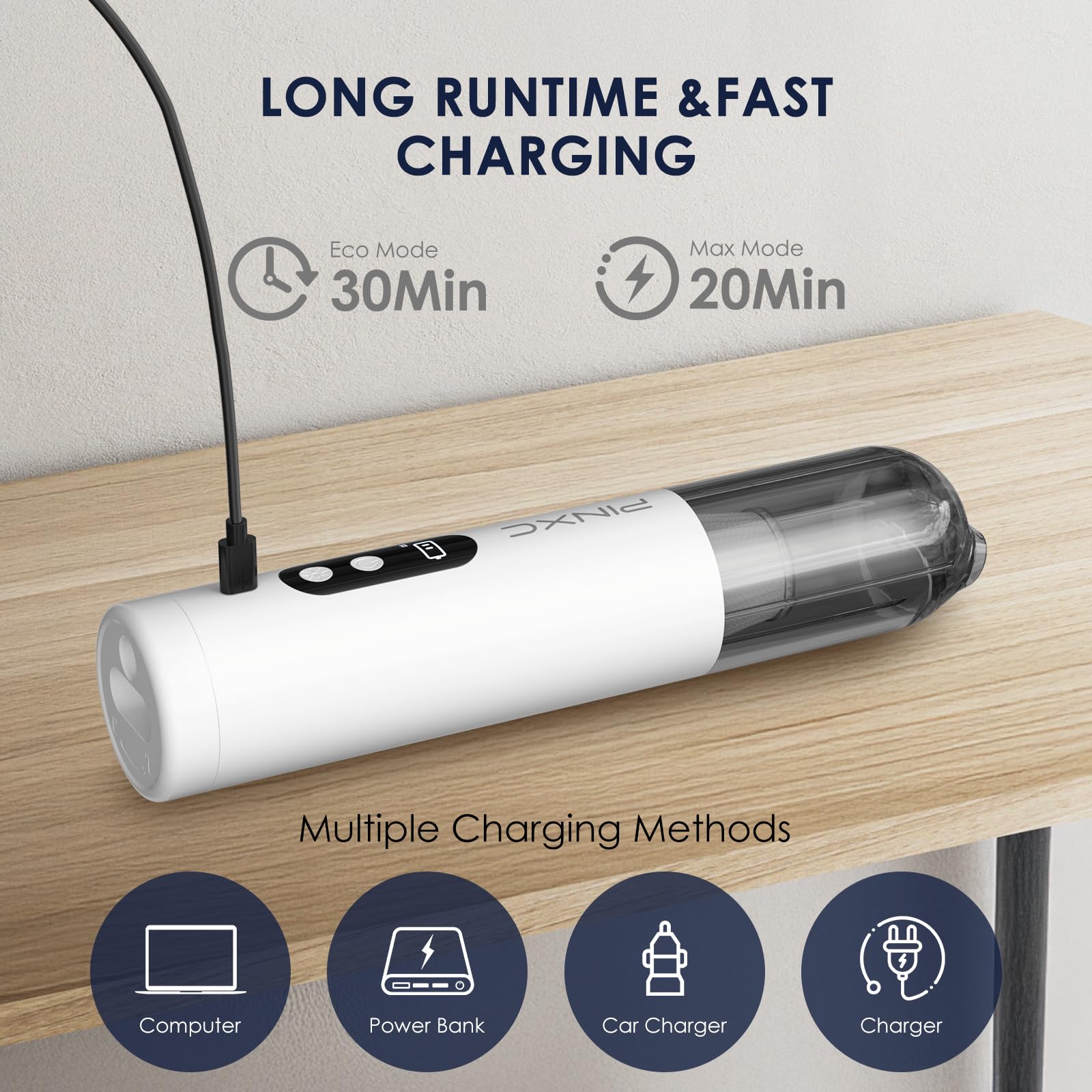 PINXC mini vacuum cleaner handles pet hair on upholstery and carpets.