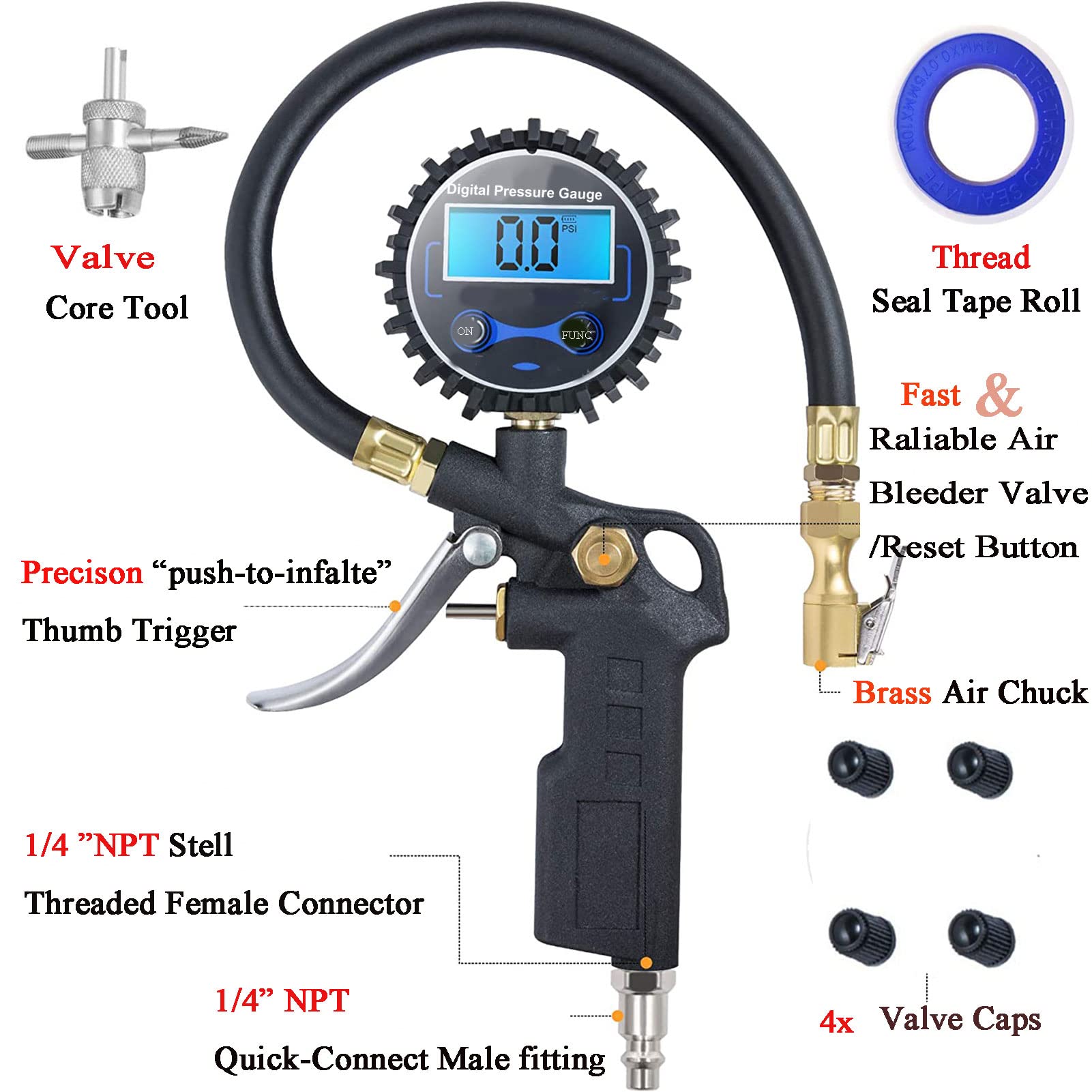 PinkJOY inflator with locking chuck ensures quick secure connections during tire service.