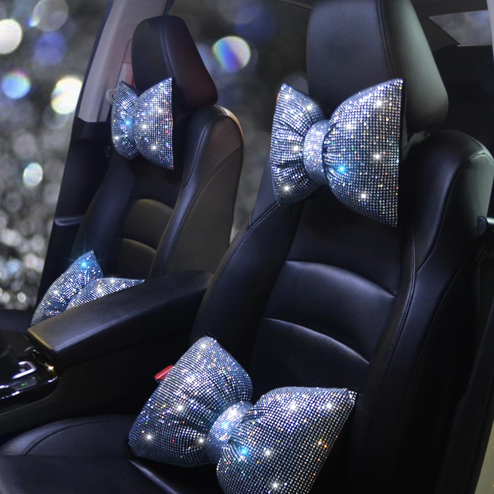 Pirador car neck pillow bowknot white with crystals for comfortable driving