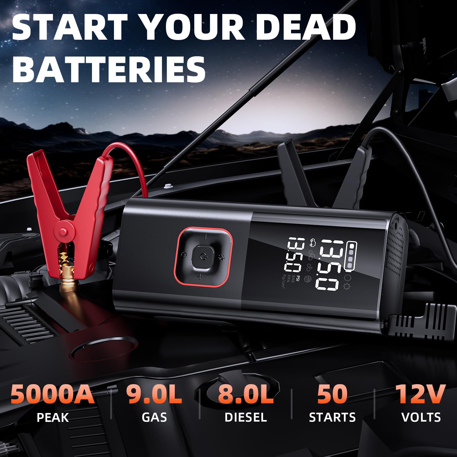 PIRAIL Jump Starter digital display shows measurement units clearly.