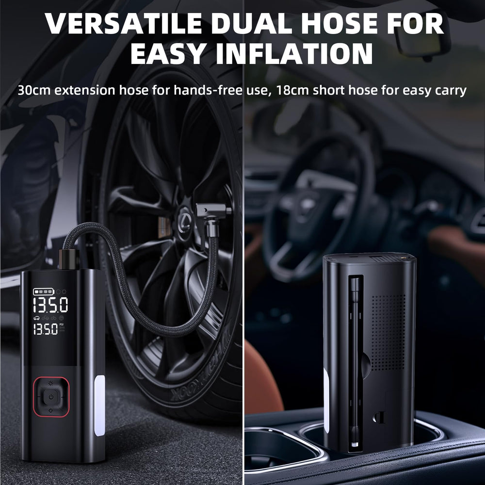 PIRAIL Jump Starter tire inflator setup with automatic stop and control.