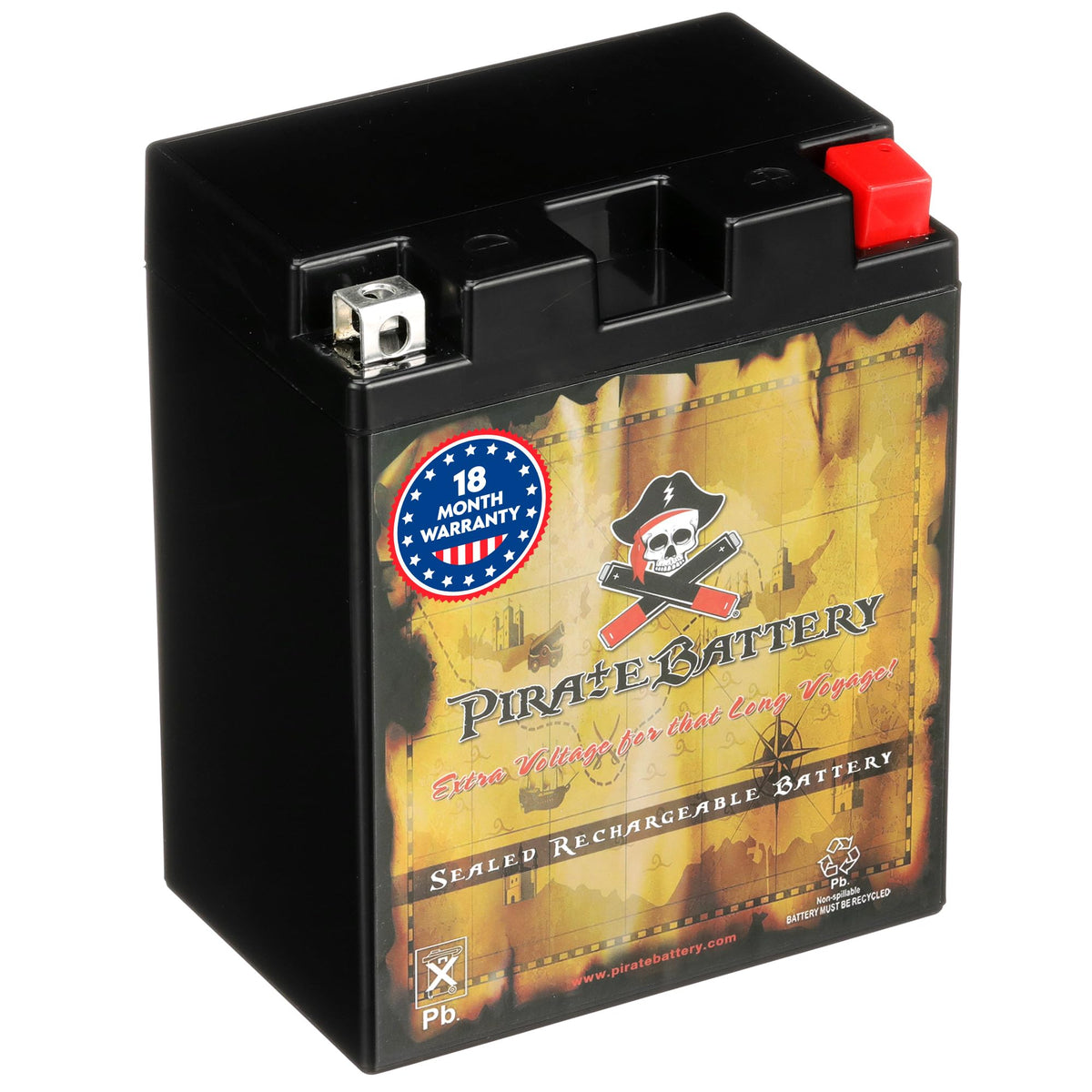 Pirate Battery 14AHL-BS front view shows compact AGM design for easy installation.