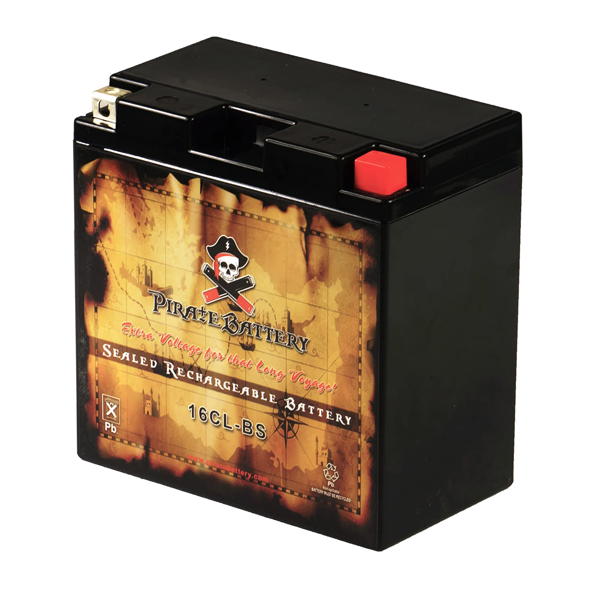 Pirate Battery YB16CL-B 12V AGM, product shot, compact size for reliable starting power