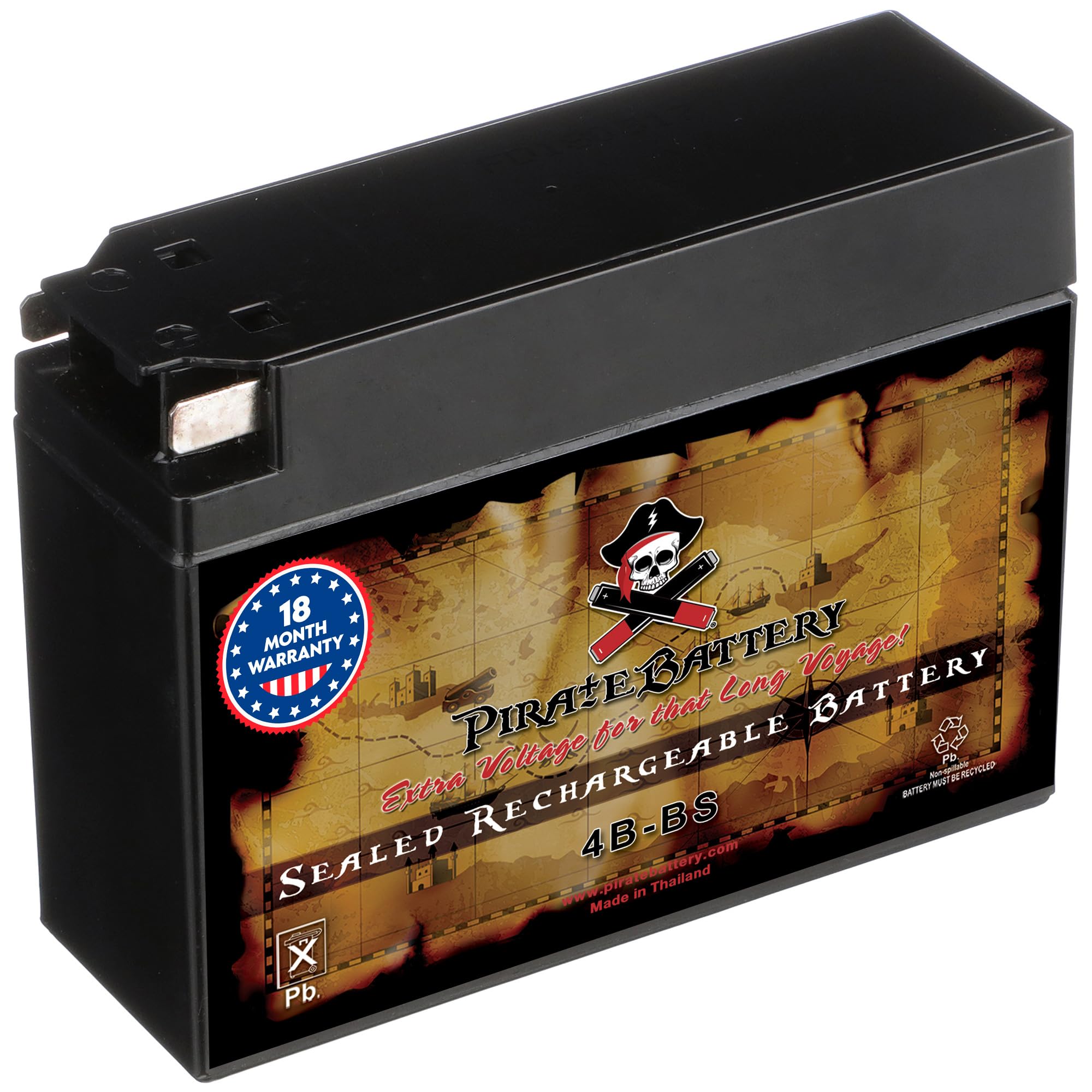 Pirate Battery YTX4B-BS front view, compact power for scooters.