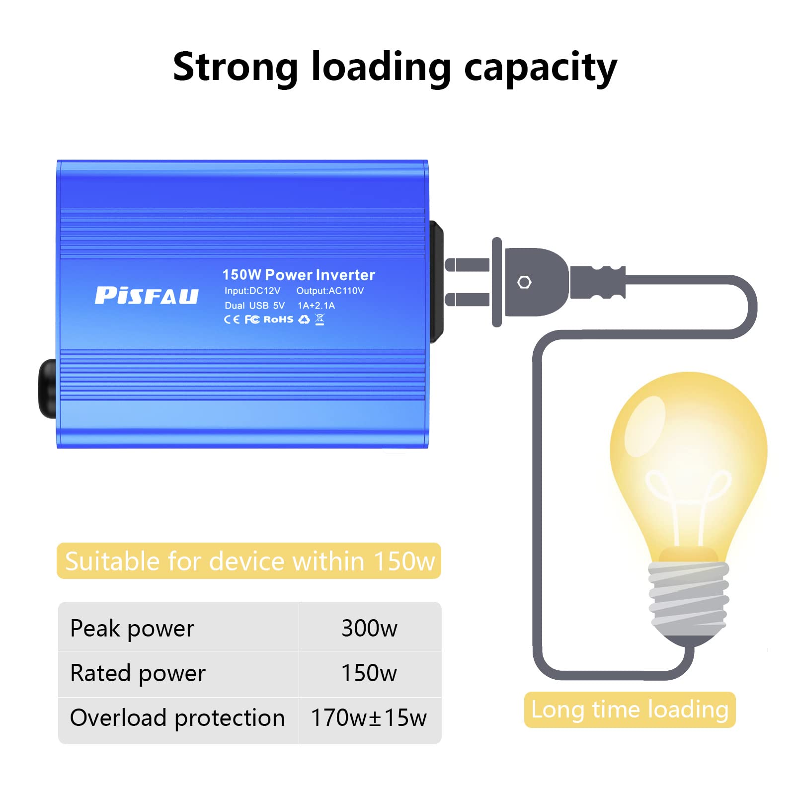 PiSFAU 150W car inverter metal shell ensures durability during travel