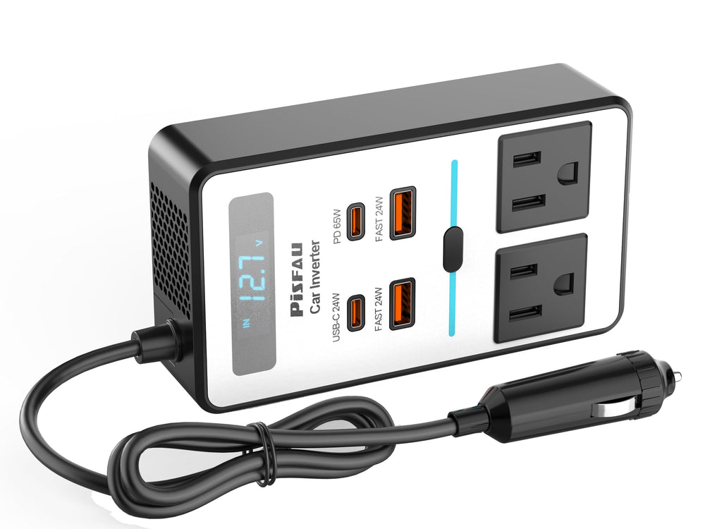 PiSFAU 200W inverter front view with dual outlets and display for quick access