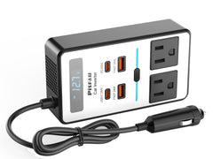 PiSFAU 200W inverter front view with dual outlets and display for quick access