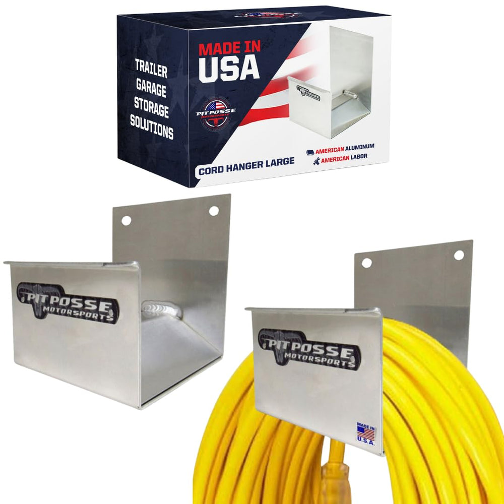 Pit Posse 463 cord-hose-hanger on wall-mount keeps cords organized and accessible.
