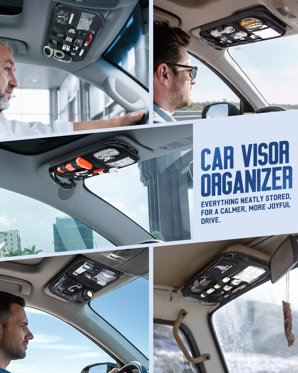Pitozer visor organizer installed in-car keeps clutter minimal.