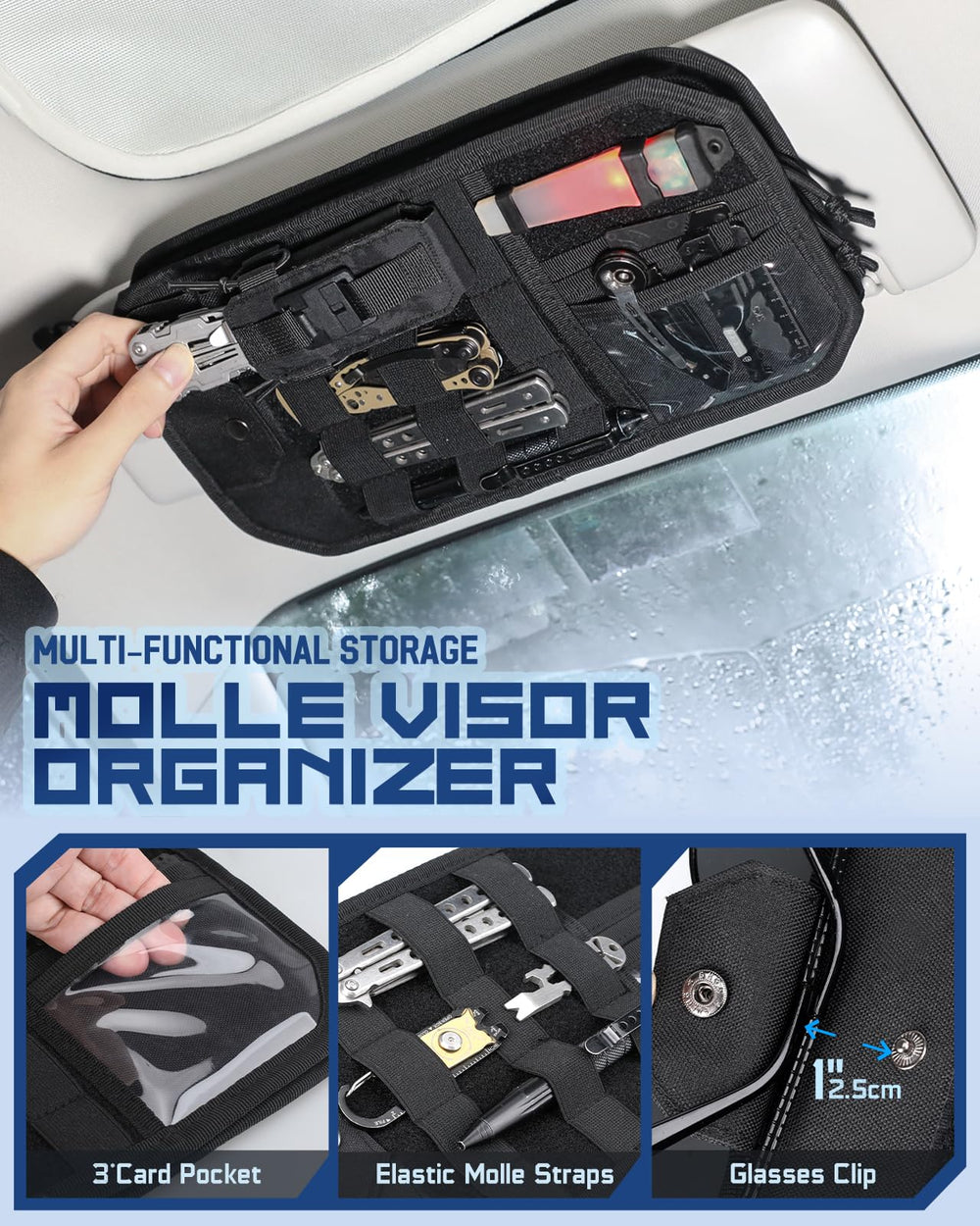 Pitozer visor organizer with large compartment keeps essentials within easy reach.