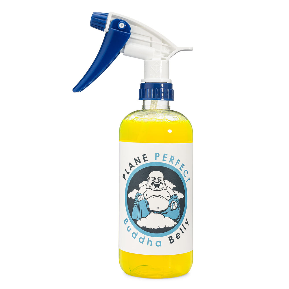 Plane Perfect Buddha Belly cleaner bottle used to tackle engine grime on metal surfaces